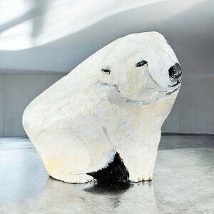 Hand Painted Folk Art Stone Paperweight Figurine Polar Bear Heavy Signed Lejman